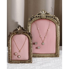 Wonderjune 2 Pcs Gold Jewelry Display Holder Vintage Necklace Stand Earring Tray Jewelry Photography Props Frame Organizer with Velvet Backing for Women Gifts(Pink,Large,Small)