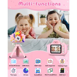 GREENKINDER Children's Camera, Camera with Tripod, 1080P HD Digital Camera Children, 2.0 Inch Screen, Includes 32GB SD Card, Selfie Camera for 3-10 Years Girls and Boys