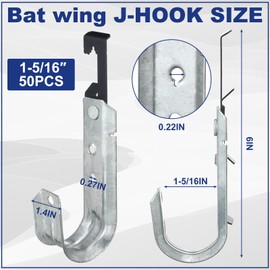 Zonon 50 Pcs 3/4 Inch Galvanized Steel J Hook with Bat Wing Heavy Duty Cable Support Straps Hangers for Hanging Cable Management to Ceiling Grid Wire & Threaded Rod, Ul Certification