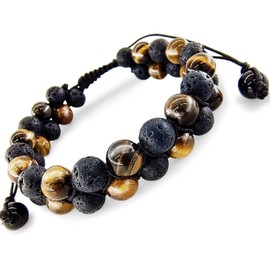 VDKIDKT Triple Protection Bracelet for Women/Men, Double Row Hand Woven Natural Stone Bracelet, Genuine Premium Crystal Jewelry Healing Bracelets Bring Luck and Prosperity (Tiger Eye+Lava Rock)