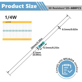 600 Pieces Various Resistance Assortment Kit 10 Ohm-1M Ohm 1% 1/4W for DIY Projects and Experiments, Multiple Resistance Values Optional