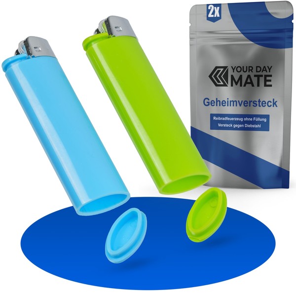 Lighter with secret hideout, pack of 2, without filling, in blue and green, secret compartment for storing valuables, storage compartment, money can, safe money hiding, can safe, valuables set