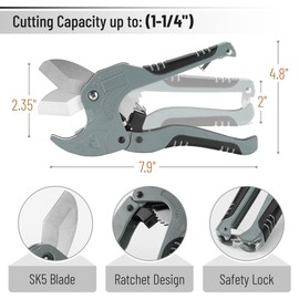 Bates- PVC Pipe Cutter, Cuts up to 1-1/4", Silver Ratcheting PVC Pipe Cutter Tool, Pipe Cutters PVC Pipe Shears, Plastic Pipe Cutter, PEX Pipe Cutter, PVC Cutter Tool, PVC Ratchet Cutter