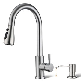 Kitchen Faucet with Soap Dispenser, Hiqufet Brushed Nickel Kitchen Faucet with Pull Down Sprayer, 3 Mode High Arc Single Handle Sink Fauce