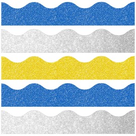 Crtiin 55.8 Feet Bulletin Board Border Shiny Scalloped Borders Bulletin Board Border Decorative Eid Bulletin Board Trim Poster Borders Classroom Decoration Strips (Gold, Blue, White)