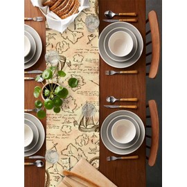 Rustic Pirate Ship Octopus Table Runner 48 Inches Long for Dining Table Decor, Cotton Linen Washable Coffee Table Runners Dresser Scarf for Kitchen Party Holiday Nautical Map Coastal Brown