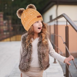 Kids Winter Beanie Hat Scarf Gloves Set,Toddlers Knit Winter Warm Double Pompom Cap Scarf Gloves for Girls Boys 1-5 Years Old (Yellow Mix)