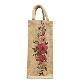 Reusable Eco-Friendly Jute Wine Bag with Hand-Painted Floral Art | Waterproof Bottle Holder with Cotton Handle Ideal for Weddings Festivals & Gifts