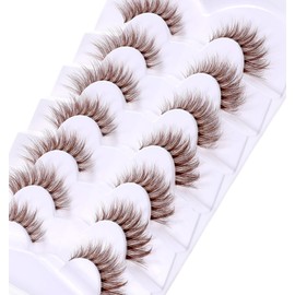 Brown Strip Lashes, 7 Pairs Dark Brown Lash Strips, Natural Look D Curl & Lightweight Cat Eye Wispy False Eyelashes with Clear Band for Daily Wear, Women, Makeup Beginners