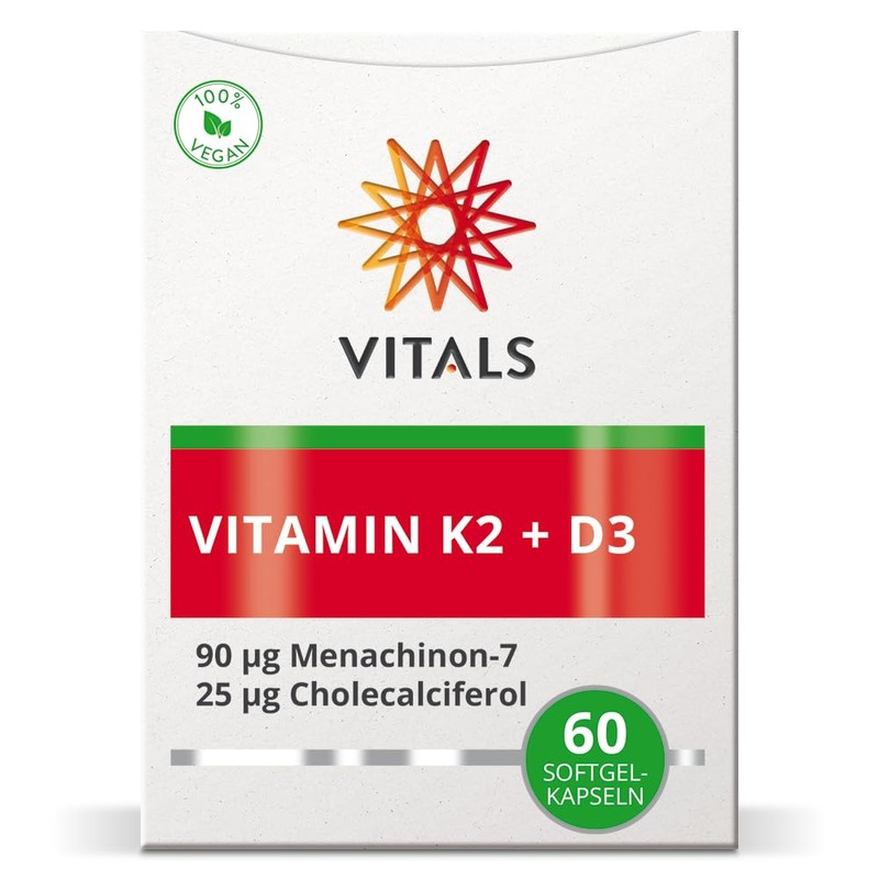 Vitals - Vitamin K2 + D3 60 vegan Softgel-Kapseln. Ein