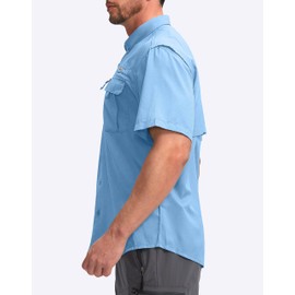 Pudolla Men's Fishing Shirts Short Sleeve Travel Work Shirts Summer Button Down Shirts for Men UPF50+ with Zipper Pockets(Sky Blue, Large)