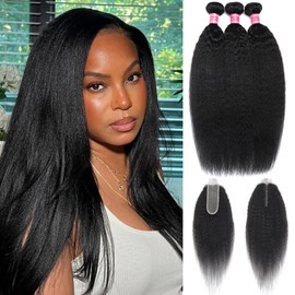 Kinky Straight Bundles with Closure (18 20 22+16) 100% Unprocessed Yaki Straight 3 Bundles with 2x6 Lace Closure Sew in Natural Color for Black Women