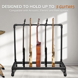 AZOR 7 Multi Guitar Stand Rack with Wheels, Folding Design 7 Holder Guitar Rack for Acoustic Electric Guitar, Bass, Soft Cushioning Sponge Protects Your Instruments