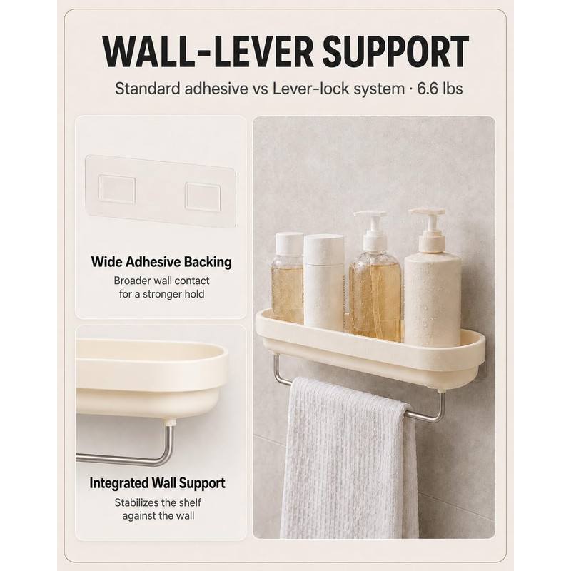 Adhesive Shower Caddy 2-Pack, Shower Shelves with Towel Bar, Cream