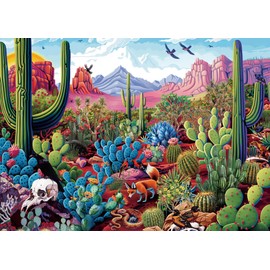 Cactus Landscape Puzzles for Adults 1000 Pieces Nature, Beautiful Plant Desert Oasis Art Jigsaw Puzzles, Bird Flower Animal Painting Puzzle As Home Decor