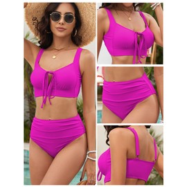 ZAFUL Women Two Piece Swimsuit Push Up High Waisted Ruched Bikini Bathing Suits for Women Tummy Control 2024 Rose Red M