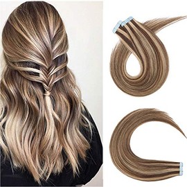 40 PCS Tape In Hair Extensions Real Human Hair Invisible Seamless Skin Weft Double Side Tape Remy Human Hair Hightlight Balayage Natural Long Straight (18'',100g/40pcs,#4P27,Medium Brown&Dark Blonde)