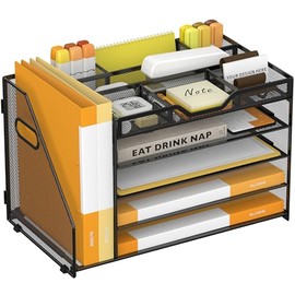 Organizador de escritorio de malla de 5 niveles con bandeja para cartas y soporte para archivos y 3 soportes para bolígrafos extraíbles, organizador d