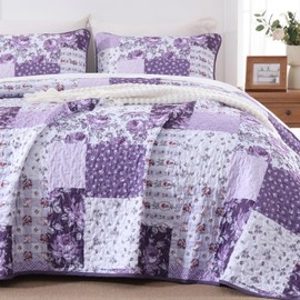 Anibedding 3Pieces Floral Patchwork Quilts King Size, Purple Flower Plaid Bedspreads with Double Pillowcases for All Season