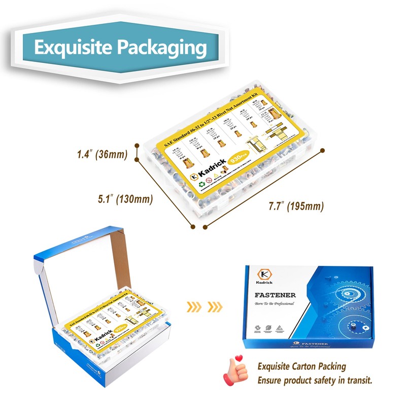 Kadrick Rivet Nut Kit, 930pcs SAE Rivet Nut Assortment Kit