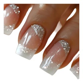 Tips Press On Uñas Francesas Purpurina Con Pegamento,24 Pcs                                                                                           
