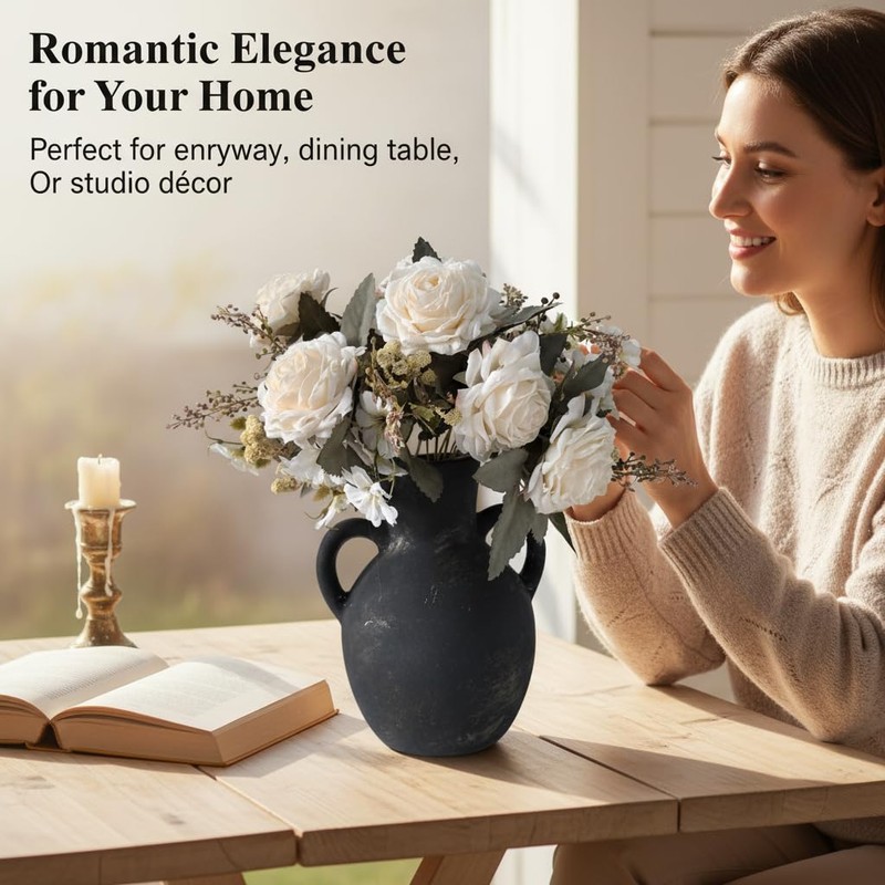 Artificial Flowers with Vase, Faux Rose Centerpiece in Terracotta, 15