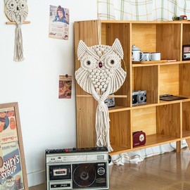 HAPYFURN 2 Pcs Owl Wall Tapestry Art Decor Boho Macrame Hanging Ornaments Decorations for Bedroom Nursery Gallery Apartment Office Garden Outdoor Creative Surprise Gifts 30cm 15cm