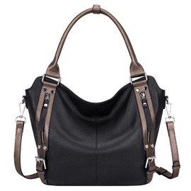 Over Earth Genuine Leather Handbags for Women Hobo Shoulder Bag Ladies Leather Tote Bag(O172E Black/Bronze)