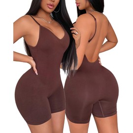 Women's Backless Bodysuit - Seamless Tummy Control Open Back Shapewear for Dresses, Low Cut Body Shaper Undergarment (Coffee, Large)
