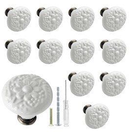 Biaungdo 12 Pcs White Ceramic Kitchen Cabinet Knobs and Pulls, Retro Vintage Round Drawer Knobs, Decorative Closet Door Handles