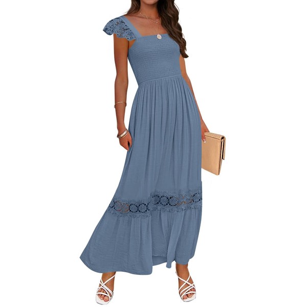 ZESICA Women's 2025 Summer Lace Strap Sleeveless Square Neck Smocked