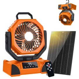 20000mAh Solar Camping Fan, Portable Rechargeable Battery & Solar Powered Fan with 7W Solar Panel, Remote Control, Auto Oscillating, LED Display, Light, Timer for Outdoor Camp, Beach, Travel Tent