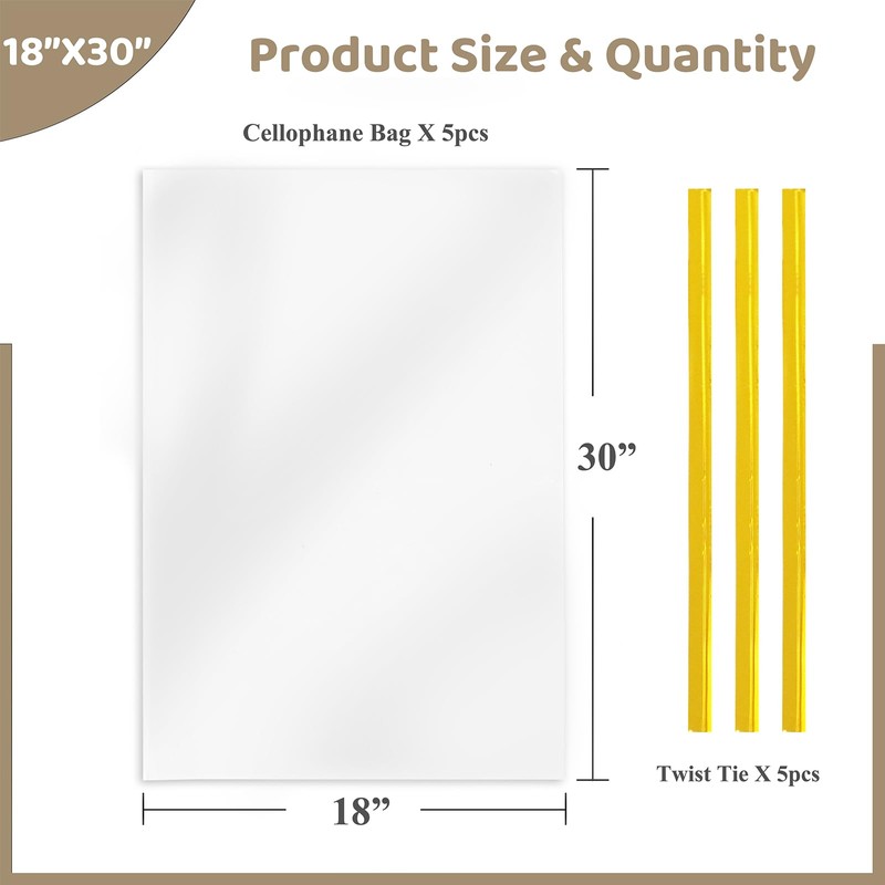 WIKDAY Cellophane Wrap for Gift Baskets 5 PCS 18x30 Inches