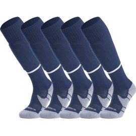 APTESOL Youth Soccer Socks Boys Girls Women Knee High Team Sport Cushion Sock Kids Long Tube Cotton Athletic Compression Socks (5-Pair Navy-B,Small)
