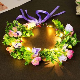 Jovono Light Up Flower Headband Crown LED Floral Wreath Crowns Fairy Crown Wedding Hair Accessories for Women and Brides (Warm, Free Size)
