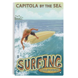 Lantern Press 6x9 Inch Metal Sign, Capitola, California, Capitola By the Sea Surfer Scene