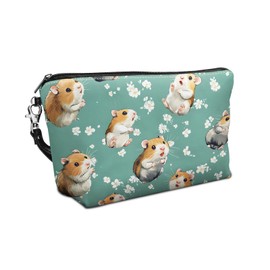 FQSXFIFN Leather Makeup Bag with Detachable Tape, Waterproof Portable Samll Cosmetic Bag Travel Accessories Organizer, Travel Toiletry Bag for Women Man, Cute Hamsters Make up Bag