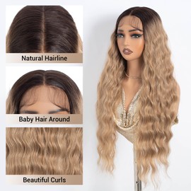 NOBLE Ombre Brown Lace Wig for Women Long Wavy Lace Front Wig 30-Inch Middle Part Natural Hairline Synthetic Lace Wavy Curly Heat Resistant Fiber Wigs
