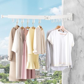 SWAWIS Clothes Airer White Wall Mounted Clothes Rail 90 cm Extendable Foldable Clothes Airer Clothes Rail Wall with 12 Hooks for Balcony, Laundry, Bathroom, Bedroom, Two Folds
