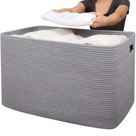 OIAHOMY 118L Cotton Rope Storage Basket, Oversized Blanket Basket, Living Room, Bathroom, Nursery, Bedroom Dirty Clothes Basket, Toy Storage Basket with Handles, 25" x 17" x 16", Grey