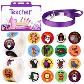 Haiabei 5 Pcs Teacher Roleplay for Kids Pretend Teacher Set Children's Novelty Pretend Teacher ID Card with Lanyard Behaviour Reward Sticker Teacher Stuff Imaginary Role Play Game Accessories(Purple)