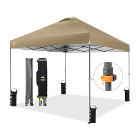 CROWN SHADES Adjustable Height on The Fly, 10x10 Pop Up Canopy - Beach Tent with One Push Setup - Easy Outdoor Sun Shade for Events, Parties, Camping - Outside Shade with STO-N-Go Bag, Khaki