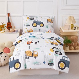 STYHO Childs Single Duvet Cover Set, Reversible Cars Tractor Kids Bedding Set, Soft Breathable Microfiber Vehicles Boys Girls Quilt Covers White with Zipper, 135 x 200cm