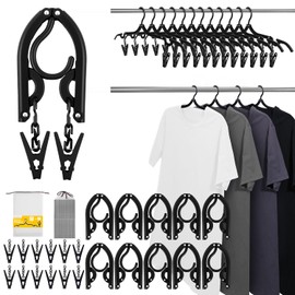 10 Pack Foldable Travel Hangers with 12 Clips - Portable Collapsible Clothes Hangers, Lightweight Folding Coat Hanger & Travel Drying Rack for Clothes