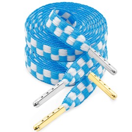 YJRVFINE Flat Checker Shoe Laces: 2 Pairs 45 Inch Light Blue White Checkered Shoelaces with Metal Tip for Sneakers