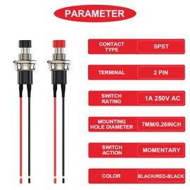 MKBKLLJY 18pcs 7mm Mini Round Push Button Switch 1A 250V AC 2Pin SPST On Off Momentary Push Button Switch for Car Boat 2 Colors (Red/Black)
