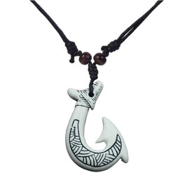 coadipress Hawaiian Fish Hook Pendant Necklace Vintage Maui Beach Sufer Maori Tribal Necklace Hemp Cord Adjustable Chain Protection Amulet Tortoise Shark Necklaces for Men Women (White Stripe)