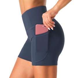 Dragon Fit Pantalones cortos de yoga de cintura alta para mujer con 2 bolsillos laterales para control de barriga, para correr en casa y entrenar, Azul tinta, XL