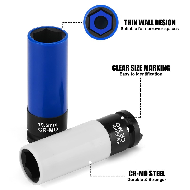 Mayouko 2 PCS 1/2-Inch Drive Wheel Socket Set, 6-Point,Thin Wall
