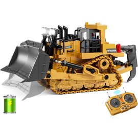 Bulldozer RC de Metal de 9 Canales, Juguetes de Juego de Construcción para Niños con Control Remoto Realista con Luces y Sonido, Juguetes de Tractor Tipo Pista para Niños 6 a 12+